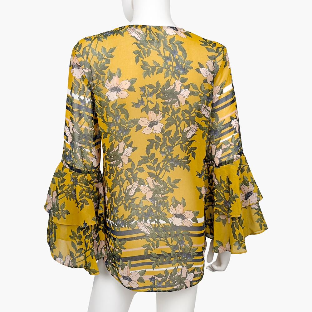 CABI "Scene" Sheer Chiffon Ruffle Bell Sleeve Floral Blouse (Yellow | Size S) - Picture 7 of 10
